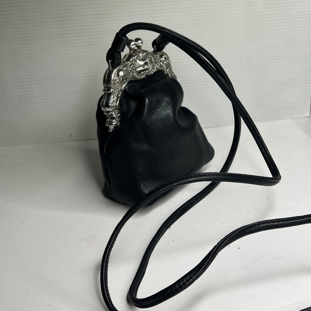 Brighton One World Black Leather Crossbody Purse Silver Art Deco Frame